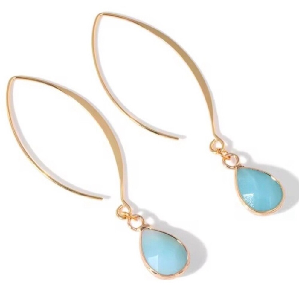 New Beautiful Faceted Natural Stone Amozonite Long Hook Dangle Earrings